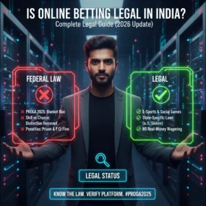 1. Image questioning the legality of online betting in India, featuring text and graphics related to gambling laws.