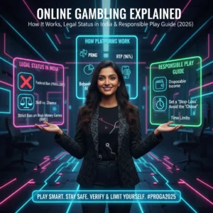 A woman holds a smartphone displaying the text "66 lottery real or fake," looking intrigued by the content.