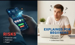 Image questioning the legality of online betting in India, featuring text and graphics related to gambling laws.