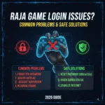 Poster titled 'Raja Game Login Issues?' A robotic hand holds a game controller with a red X. Lists of common problems like 'Forgotten Password' and safe solutions such as 'Reset Password' are shown. The tone is informative and helpful.