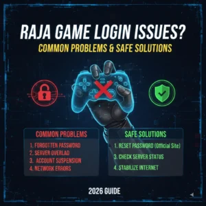Poster titled 'Raja Game Login Issues?' A robotic hand holds a game controller with a red X. Lists of common problems like 'Forgotten Password' and safe solutions such as 'Reset Password' are shown. The tone is informative and helpful.