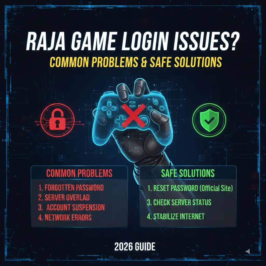 Poster titled 'Raja Game Login Issues?' A robotic hand holds a game controller with a red X. Lists of common problems like 'Forgotten Password' and safe solutions such as 'Reset Password' are shown. The tone is informative and helpful.