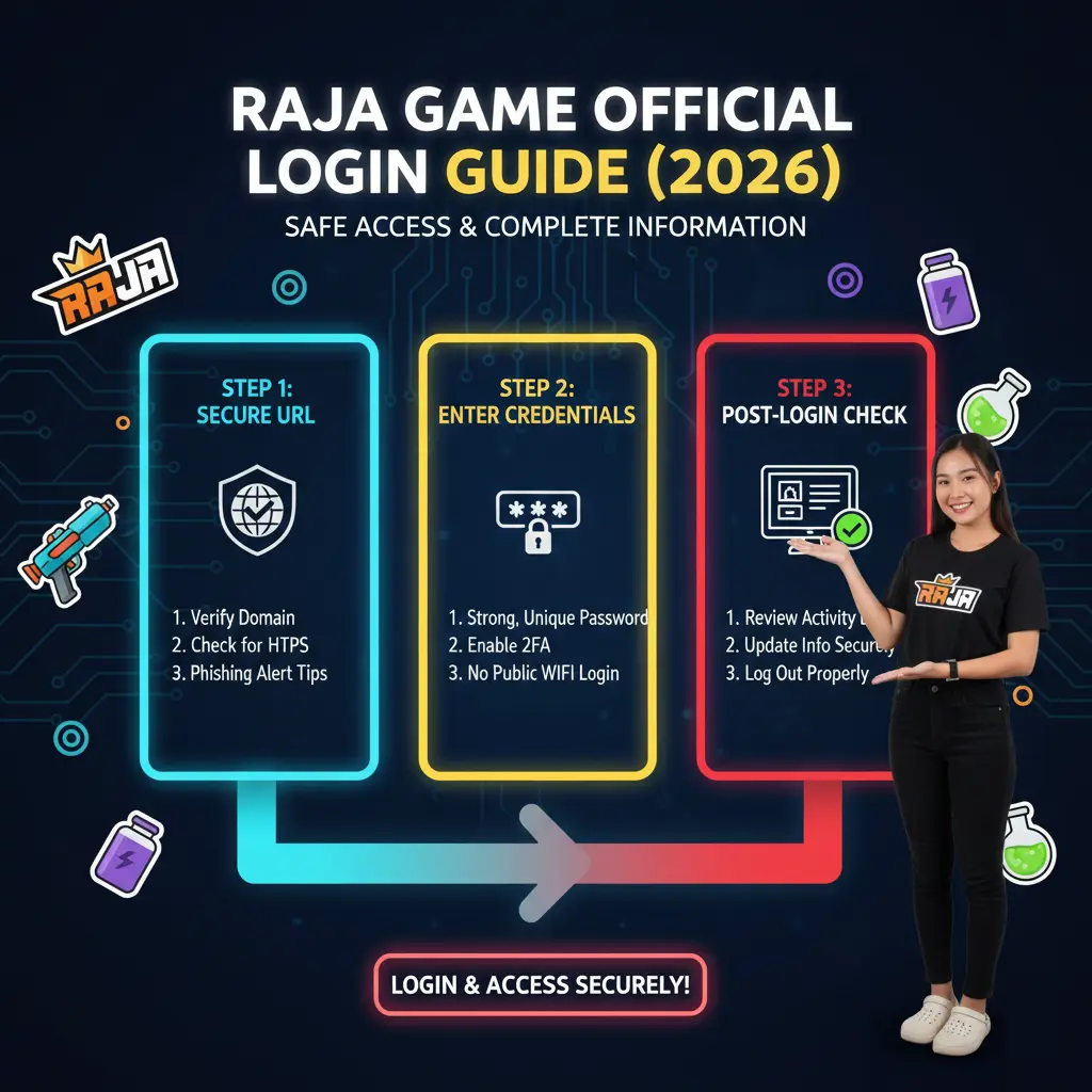 Infographic titled 'Raja Game Official Login Guide (2026)' with three steps: Secure URL, Enter Credentials, and Post-Login Check. A smiling woman stands on the right, wearing a Raja branded shirt, pointing to the guide. The background is dark with circuit patterns and colorful icons, conveying a tech-savvy, informative tone.