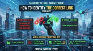 Futuristic guide on identifying the correct Raja Game website link. Features risky links to avoid, official links to use, and a checklist with green lock icon, 'Raja' in the domain, verifiable SSL certificate, and official support links. Tone is informative and tech-focused.