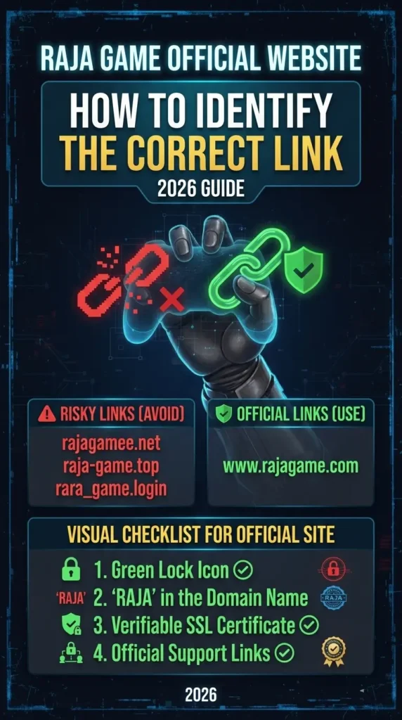 Infographic titled 'Raja Game Official Website: How to Identify the Correct Link, 2026 Guide.' A hand holds a green link with a shield, while breaking a red link with an X. Bottom section lists risky links to avoid and official links to use. Includes a checklist for identifying official sites: green lock icon, 'RAJA' in the domain name, verifiable SSL certificate, and official support links.