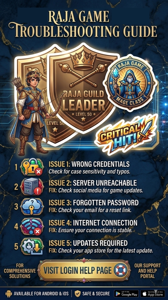 Raja Game Troubleshooting Guide features a fantasy character and badges. Lists issues like wrong credentials, server issues, and solutions. Includes options for support, available on Android and iOS. Vibrant, adventurous tone.