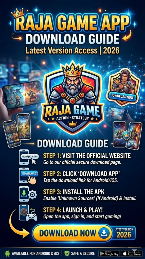  Colorful advertisement for the "Raja Game App" featuring a crowned character in the center. Includes download steps, app store logos, and gaming visuals.