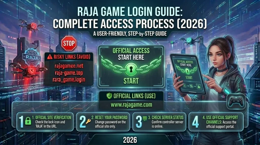 Futuristic tech-themed graphic titled 'RAJA Game Login Guide: Complete Access Process (2026).' Features a neon-toned backdrop with a female character on the right holding a tablet. Warning against risky links like 'rajagame.net' and promoting official link 'rajagame.com.' Includes steps: verify site, reset password, check server status, and use support channels. Mood is tech-savvy and informative.