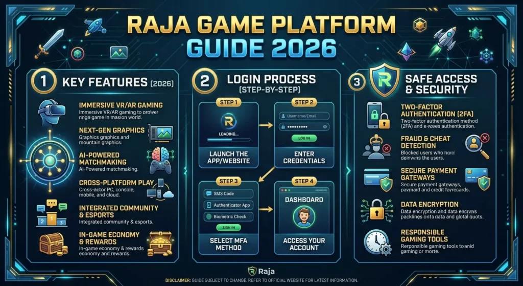 Raja Game Platform Guide 2026 infographic. It details key features like VR gaming, AI matchmaking, cross-platform play, and esports. Shows login steps: launch app, enter credentials, and access account. Emphasizes security with two-factor authentication, fraud detection, secure payment, and responsible gaming tools. Futuristic, tech-focused design.