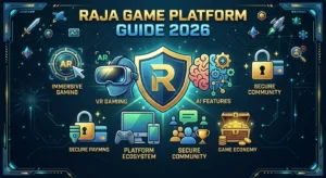Raja Game Platform Guide 2026 infographic featuring icons for immersive gaming, VR, AI features, secure payments, and a robust game economy.