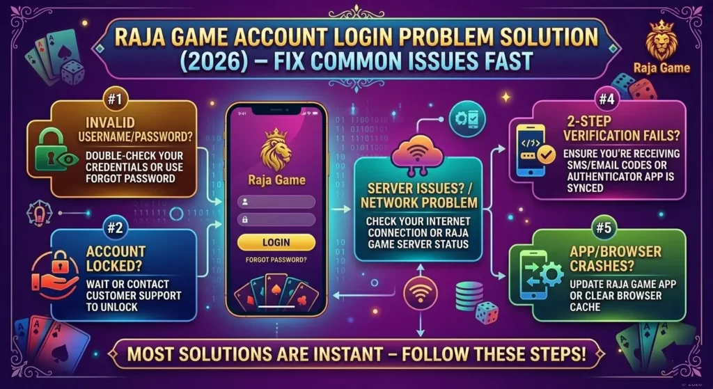 Bright infographic titled 'Raja Game Account Login Problem Solution (2026) – Fix Common Issues Fast.' Central phone icon with login screen. Steps include checking username, contacting support, verifying two-step authentication, server status, and updating apps. Vivid colors with playing card and dice motifs enhancing a gaming theme.