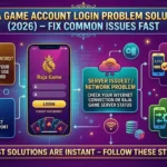 Bright infographic titled 'Raja Game Account Login Problem Solution (2026) – Fix Common Issues Fast.' Central phone icon with login screen. Steps include checking username, contacting support, verifying two-step authentication, server status, and updating apps. Vivid colors with playing card and dice motifs enhancing a gaming theme.