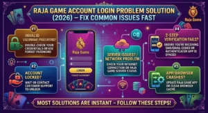 Bright infographic titled 'Raja Game Account Login Problem Solution (2026) – Fix Common Issues Fast.' Central phone icon with login screen. Steps include checking username, contacting support, verifying two-step authentication, server status, and updating apps. Vivid colors with playing card and dice motifs enhancing a gaming theme.