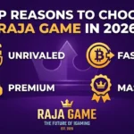 Promotional graphic for Raja Game, highlighting reasons to choose it in 2026: Unrivaled, Fast, Premium, Massive. Purple background with icons.