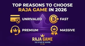 Promotional graphic for Raja Game, highlighting reasons to choose it in 2026: Unrivaled, Fast, Premium, Massive. Purple background with icons.