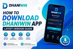 How to download Dhaniwin app latest version feature banner with mobile login interface
