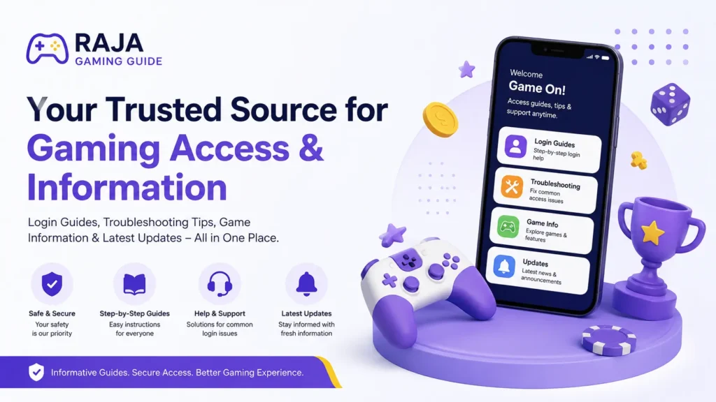 Raja Gaming Guide banner showing gaming access information, login help, troubleshooting support, and latest gaming updates.